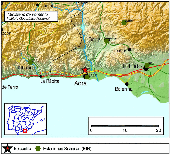 Sentidos débilmente en Berja dos terremotos de magnitud 1,9 con epicentro en Adra